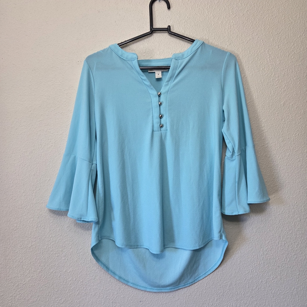Light Blue Bell Sleeve Henley Top - Unbranded